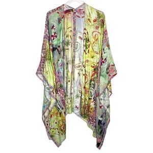 Anu OS Womens Multi Colored Embroidered Wrap Kimono Rayon Art to Wear